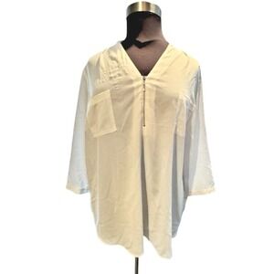 Jaqueline SmithWhite Half Zip Tunic Top with Pockets‎ 3/4 Sleeve Sheer 3X Plus